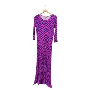 Lilly Pulitzer Cara Pink/Navy Chevron Seagull Drop Waist Maxi Dress Sz Medium